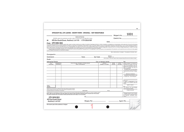 8-1/2" X 7" Carbonless Snap Set Bill Of Lading, 4 Part