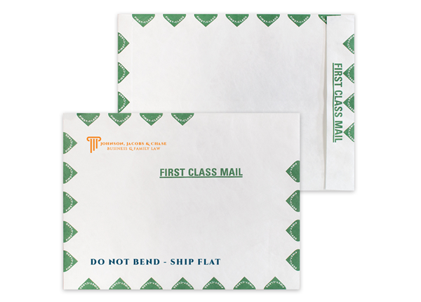 Tyvek® Envelope 10" x 13" Catalog || Custom Envelopes || Green First Class Border, Zip Stick®, 2 PMS Colors