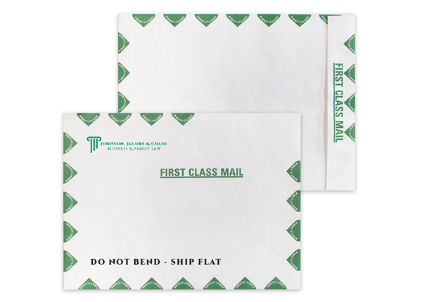 Tyvek® Envelope 10" x 13" Catalog || Custom Envelopes || Green First Class Border, Zip Stick®, Black + 1 Standard Color