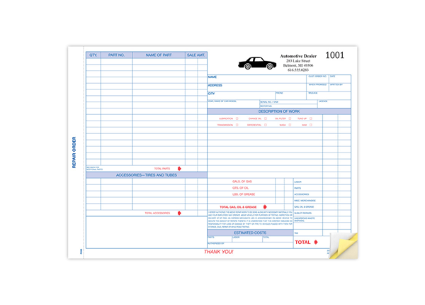 11" X 8-1/2" Carbonless Snap Set Garage Repair Order, 3 Part