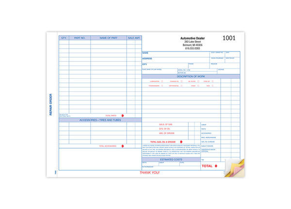 11" X 8-1/2" Carbonless Snap Set Garage Repair Order, 4 Part