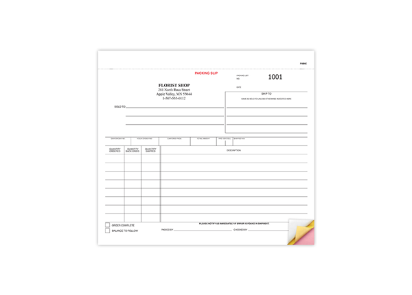 8-1/2" X 7" Carbonless Snap Set Packing List, 3 Part