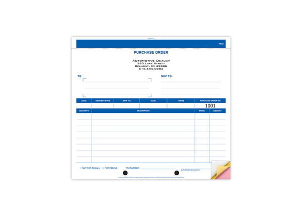 8-1/2" X 7" Carbonless Snap Set Purchase Order, 3 Part