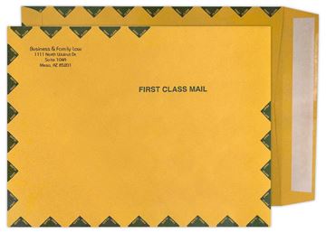 10" x 13" Catalog (Open Top); Brown Kraft 28 lb. KWIK-TAK® Closure, Mailing Envelope, Green First Class Border, 1 Color